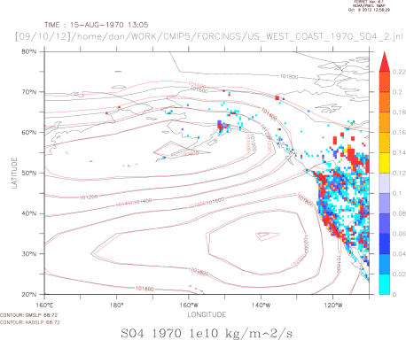 MSLP patterns and SO4 concentrations 1970 US West coast 1e10 kg/m^2/s